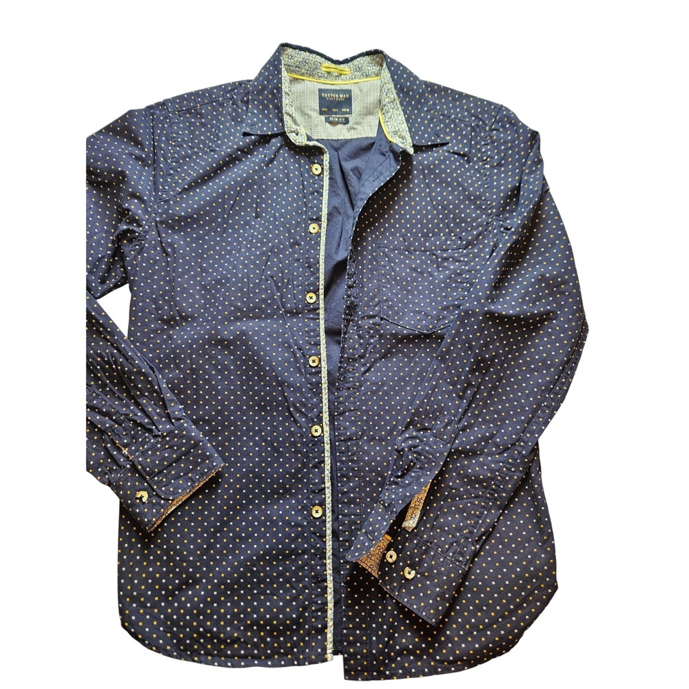 Cactus Man Ricky Singh Mens Small Slim Fit Navy Blue Dotted Button Down Shirt